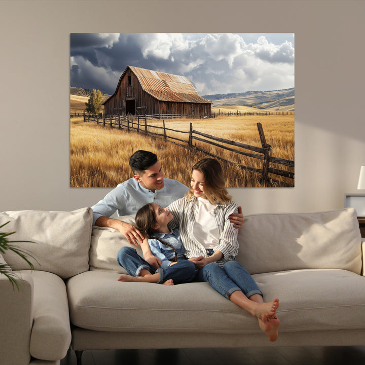 Rustic Barn Wall Art Canvas Print, Framed Moody Barn Art Picture Print, Golden Field Perfect Rustic Farmhouse Decor