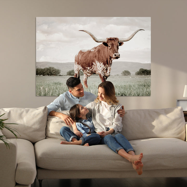 Texas Longhorn Wall Art Canvas Print, Framed Spotted Cattle Art Picture Print, Horned Bull Perfect Rustic Western Decor Artwork
