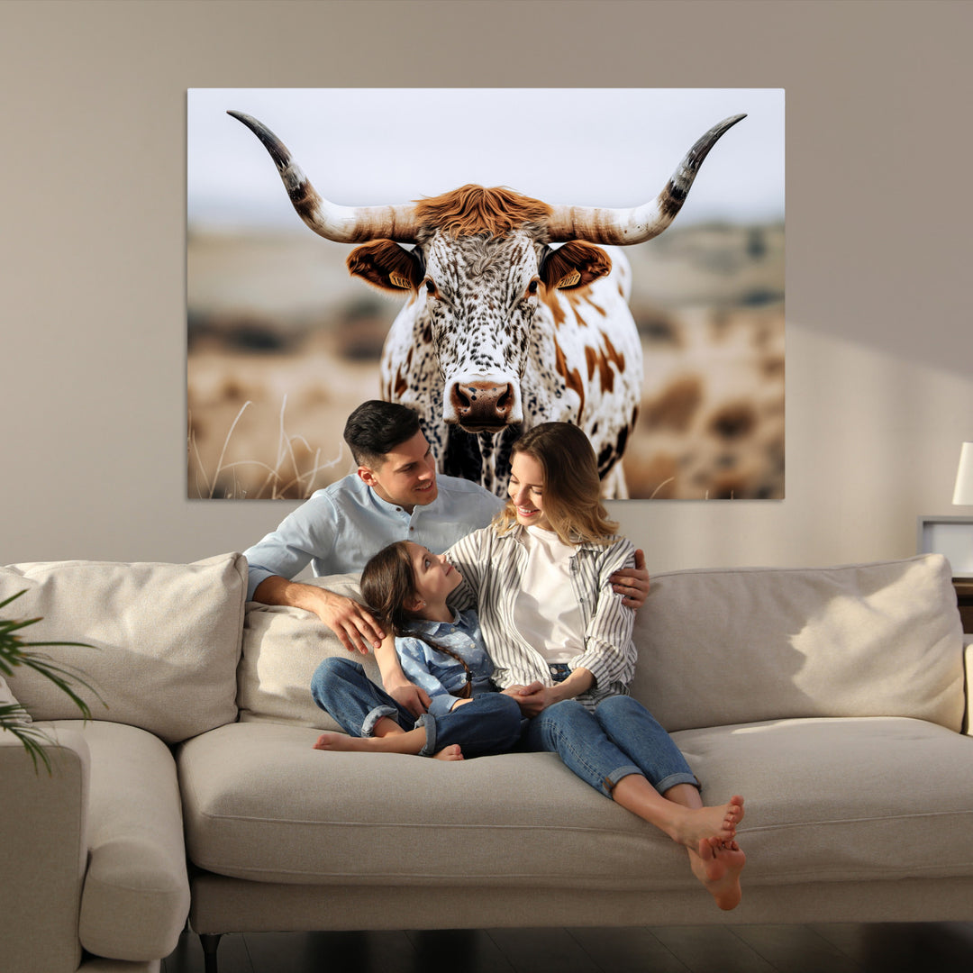 Texas Longhorn Wall Art Canvas Print, Framed Spotted Cow Art Picture Print, Horned Cattle Perfect Rustic Western Decor Artwork