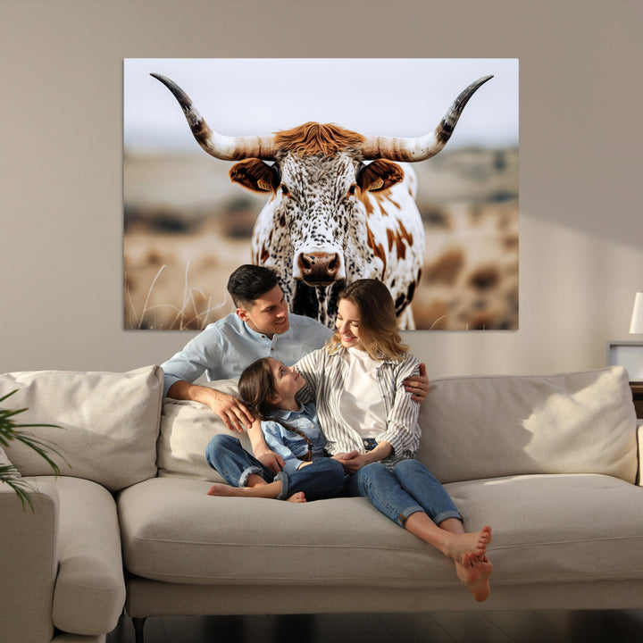 Texas Longhorn Wall Art Canvas Print, Framed Spotted Cow Art Picture Print, Horned Cattle Perfect Rustic Western Decor Artwork