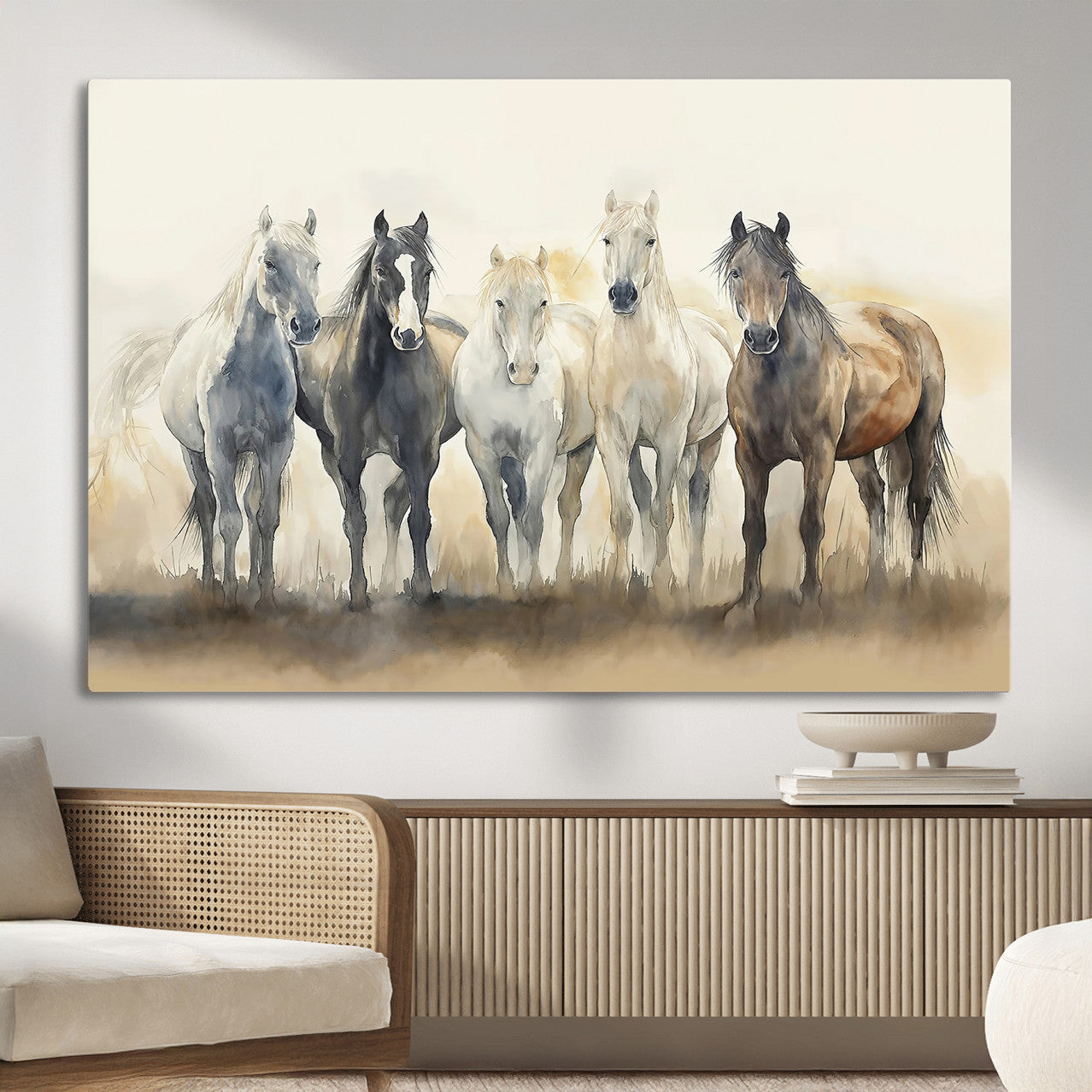MGV-CV-36X24 - Wild Horses Wall Art Canvas Print, Framed Running Horses Art Picture Print, Watercolor Horses Perfect Rustic Western Decor Artwork