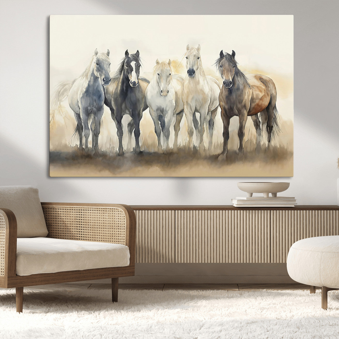 MGV-CV-36X24 - Wild Horses Wall Art Canvas Print, Framed Running Horses Art Picture Print, Watercolor Horses Perfect Rustic Western Decor Artwork