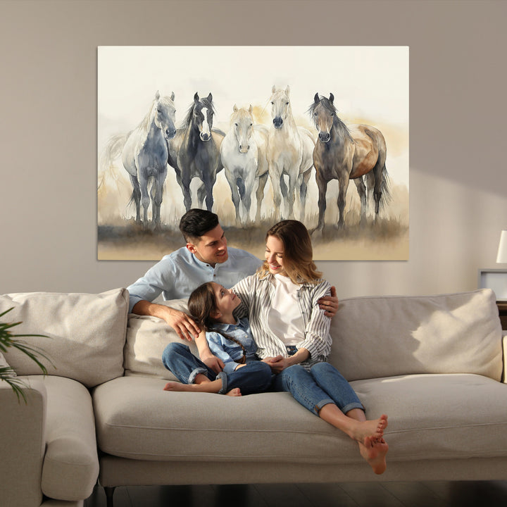 Wild Horses Wall Art Canvas Print, Framed Running Horses Art Picture Print, Watercolor Horses Perfect Rustic Western Decor