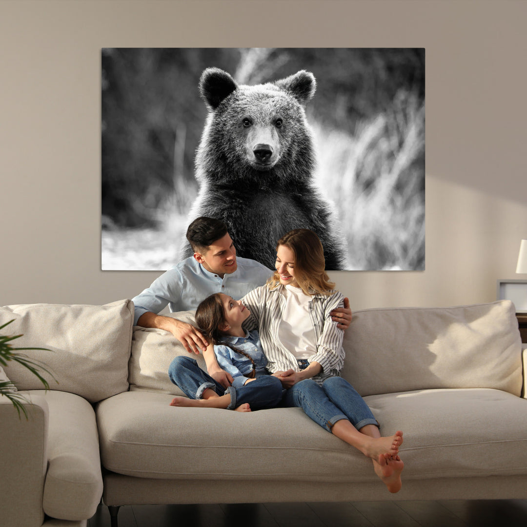 Grizzly Bear Wall Art Canvas Print, Framed Black White Bear Art Picture Print, Wild Bear Perfect Rustic Wildlife Decor
