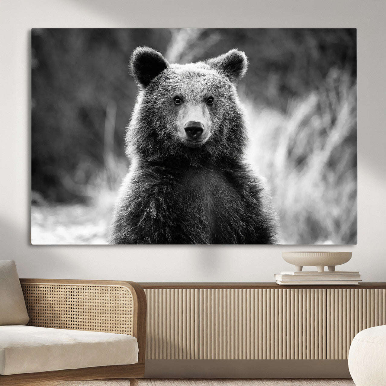 55656803-MGV-CV-36X24-Grizzly Bear Wall Art Canvas Print – Framed Black White Wildlife Rustic Nature Artwork for Home, Office Decor
