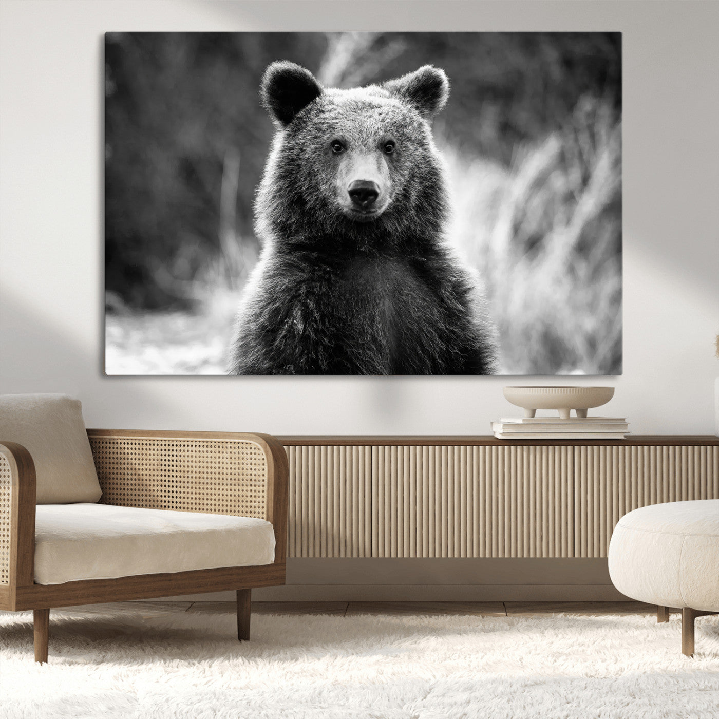 MGV-CV-36X24 - Grizzly Bear Wall Art Canvas Print, Framed Black White Bear Art Picture Print, Wild Bear Perfect Rustic Wildlife Decor Artwork