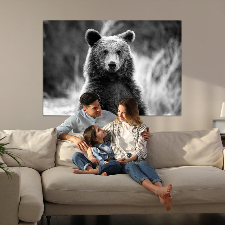 Grizzly Bear Wall Art Canvas Print, Framed Black White Bear Art Picture Print, Wild Bear Perfect Rustic Wildlife Decor