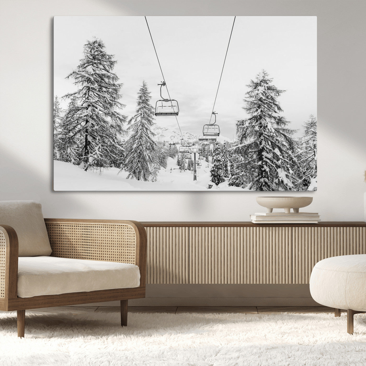 MGV-CV-36X24 - Wall Art Canvas Print Winter Chairlift Views Silent Snow-Covered Pines Mountain Calm Serenity Frozen