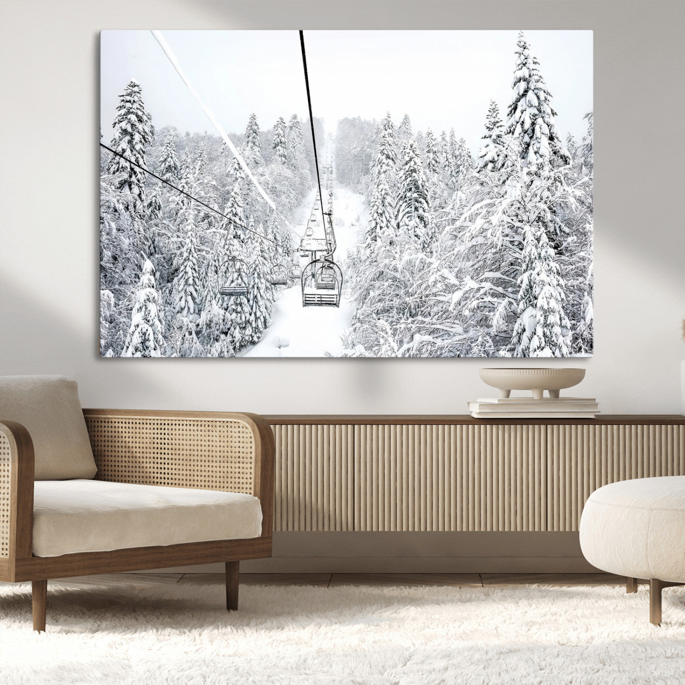 MGV-CV-36X24 - Snowy Mountains Wall Art Canvas Print, Framed Ski Lift Art Picture Print, Winter Forest Perfect