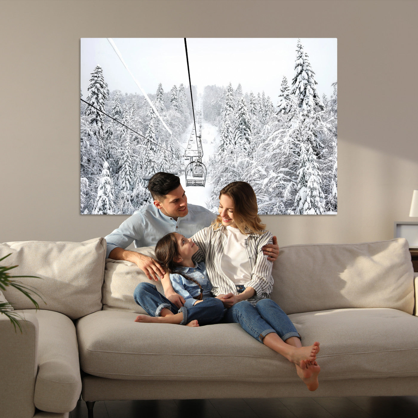 Snowy Mountains Wall Art Canvas Print, Framed Ski Lift Art Picture Print, Winter Forest Perfect Winter Minimalist Decor, Ski Lift Canvas