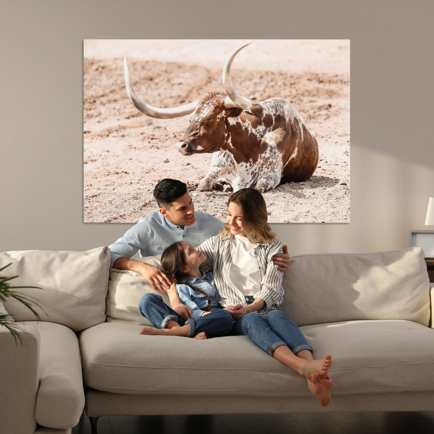 Texas Longhorn Wall Art Canvas Print, Framed Resting Bull Art Picture Print, Spotted Cattle Perfect Rustic Western Decor, Spotted Cattle