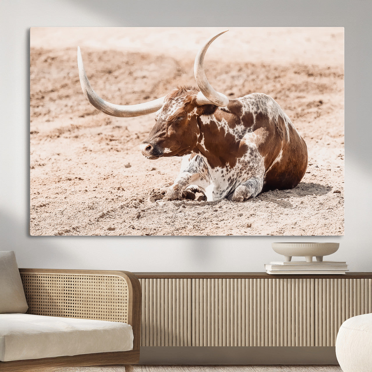 91248682-MGV-CV-36X24-Texas Longhorn Wall Art Canvas Print – Framed Resting Bull Scene with Spotted Cattle Artwork for Home, Office