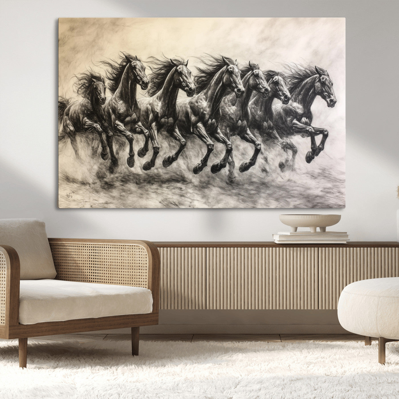 Monochrome drawing of a herd of galloping horses, perfect for dynamic and wild-themed decor in any equestrian or nature-inspired room.