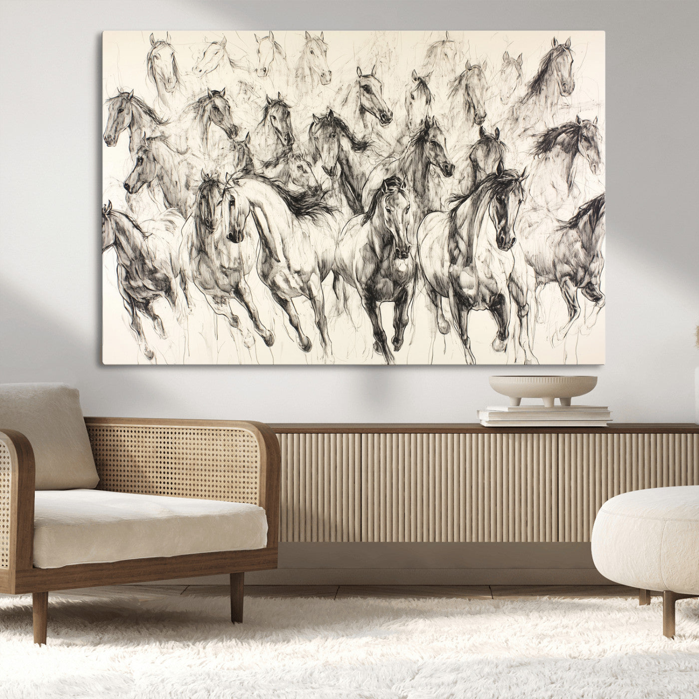 Monochrome ink sketch of galloping horses in dynamic motion, perfect for western or equine-themed wall decor with bold artistic energy.