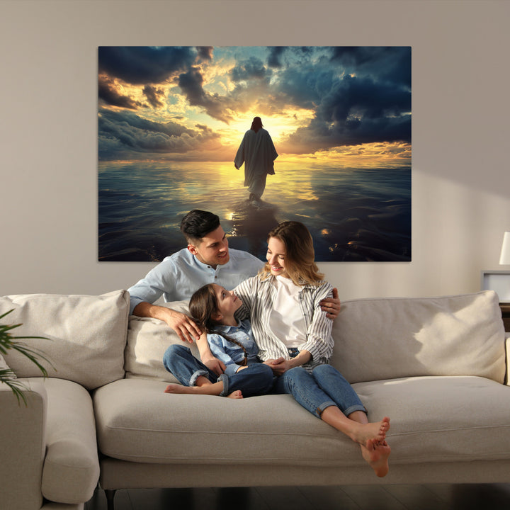 Jesus Walks Wall Art Canvas Print, Framed Divine Sunset Art Picture Print, Spiritual Light Perfect Spiritual Tranquil Decor Artwork