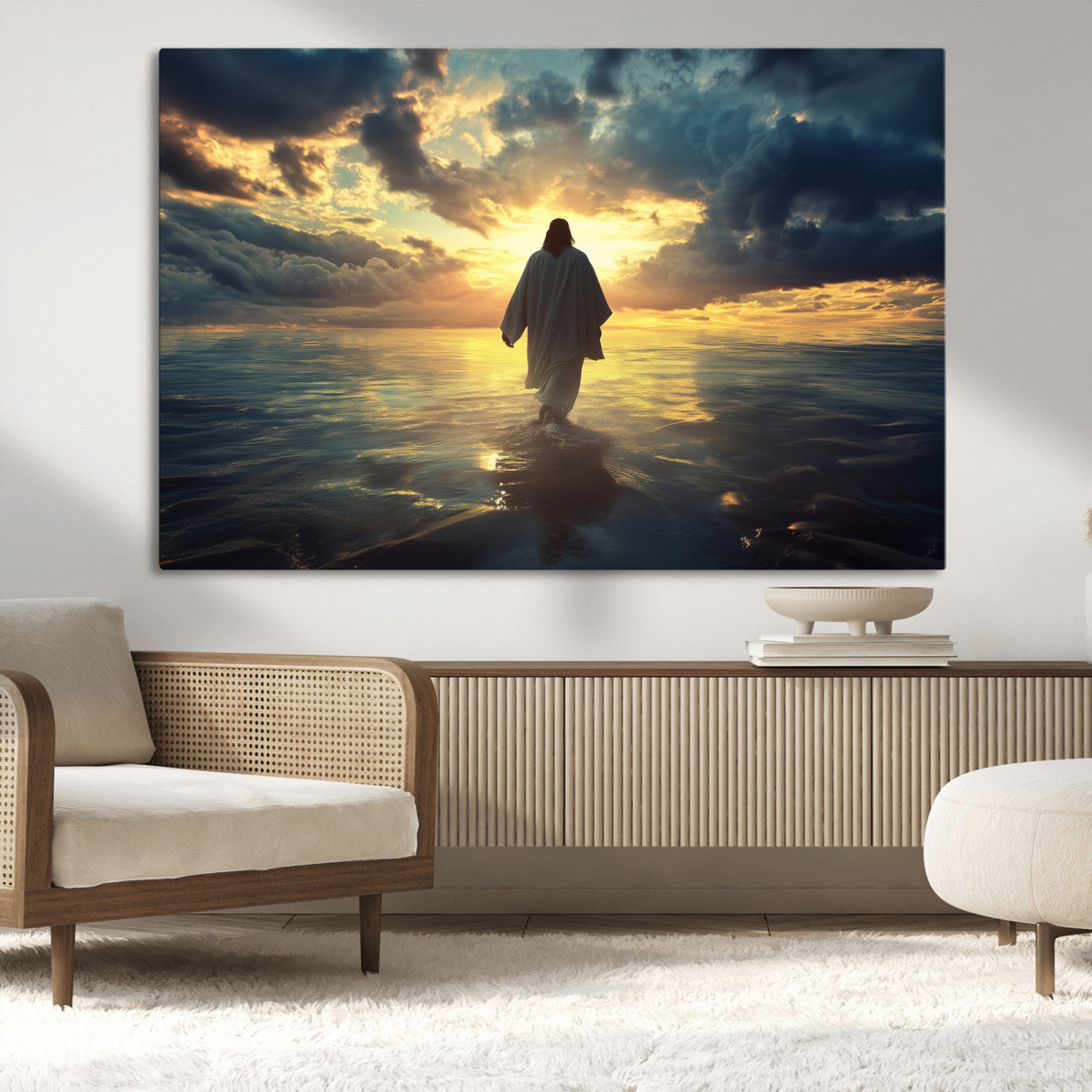 Spiritual artwork of Jesus walking on water at golden hour with divine light, ideal for Christian home decor or prayer room.