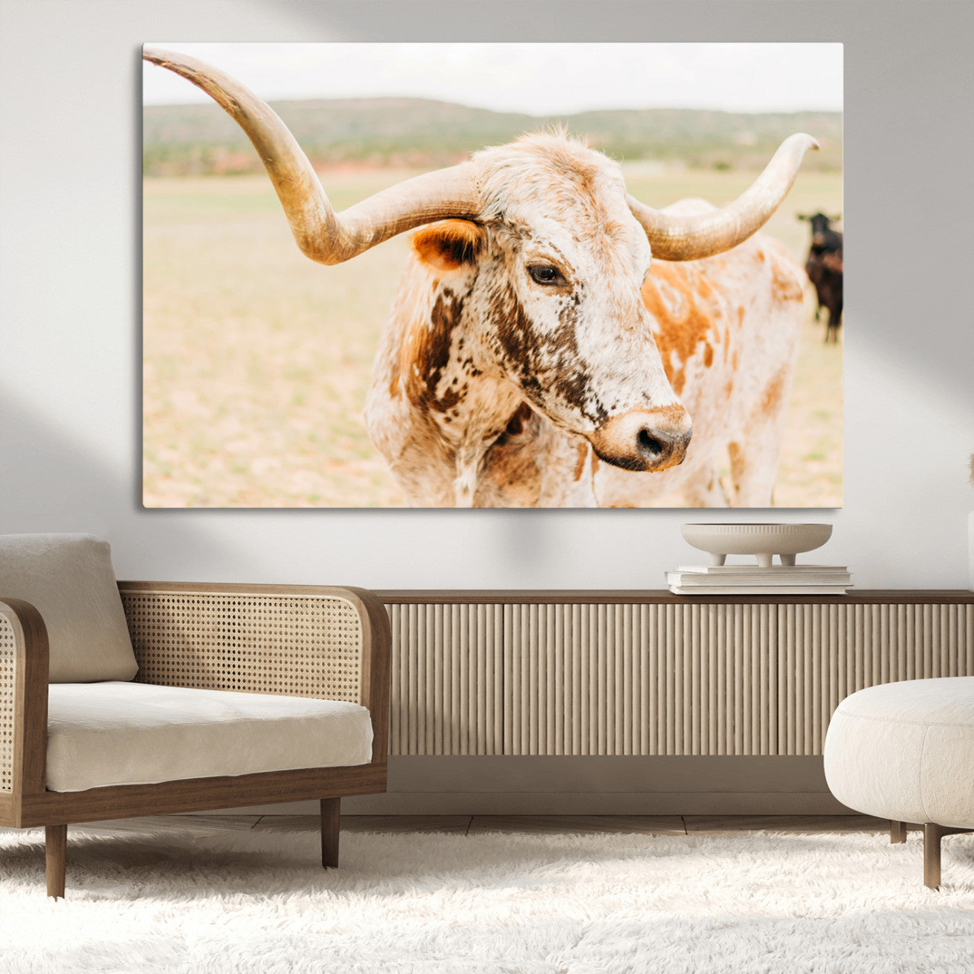 Close-up of a speckled Texas Longhorn in warm prairie tones, perfect for rustic western or countryside-themed room decor.
