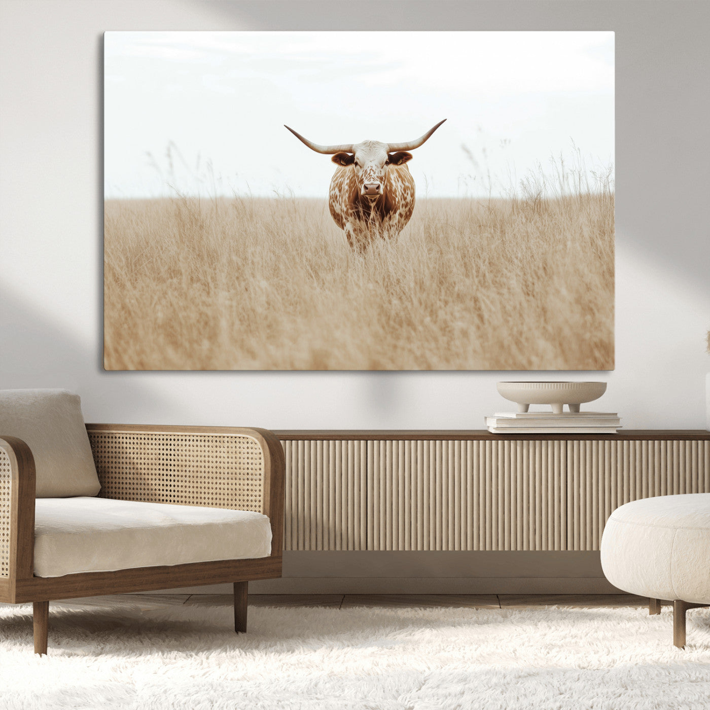 Texas Longhorn bull standing alone in dry grass with neutral tones, ideal for rustic western or cowboy-themed wall decor.