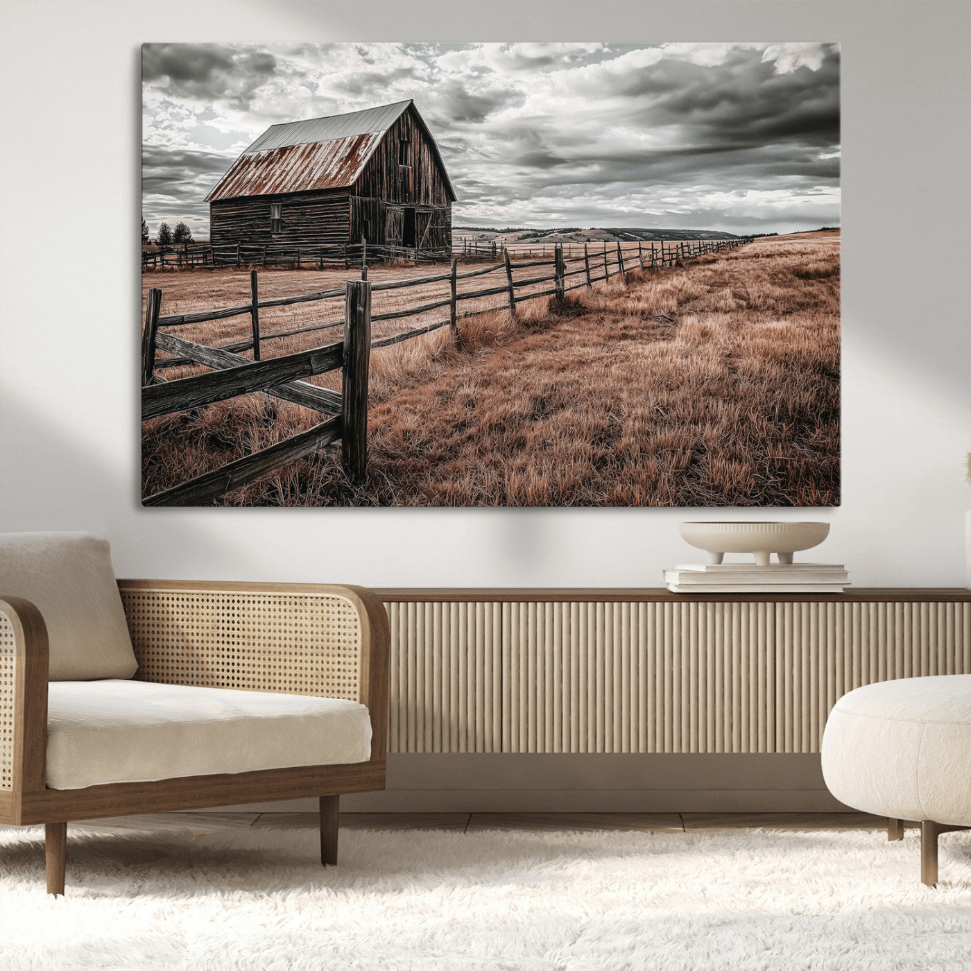 Framed canvas of a rustic barn under a moody sky with weathered fence and dark fields, ideal for farmhouse or rural-style wall decor.