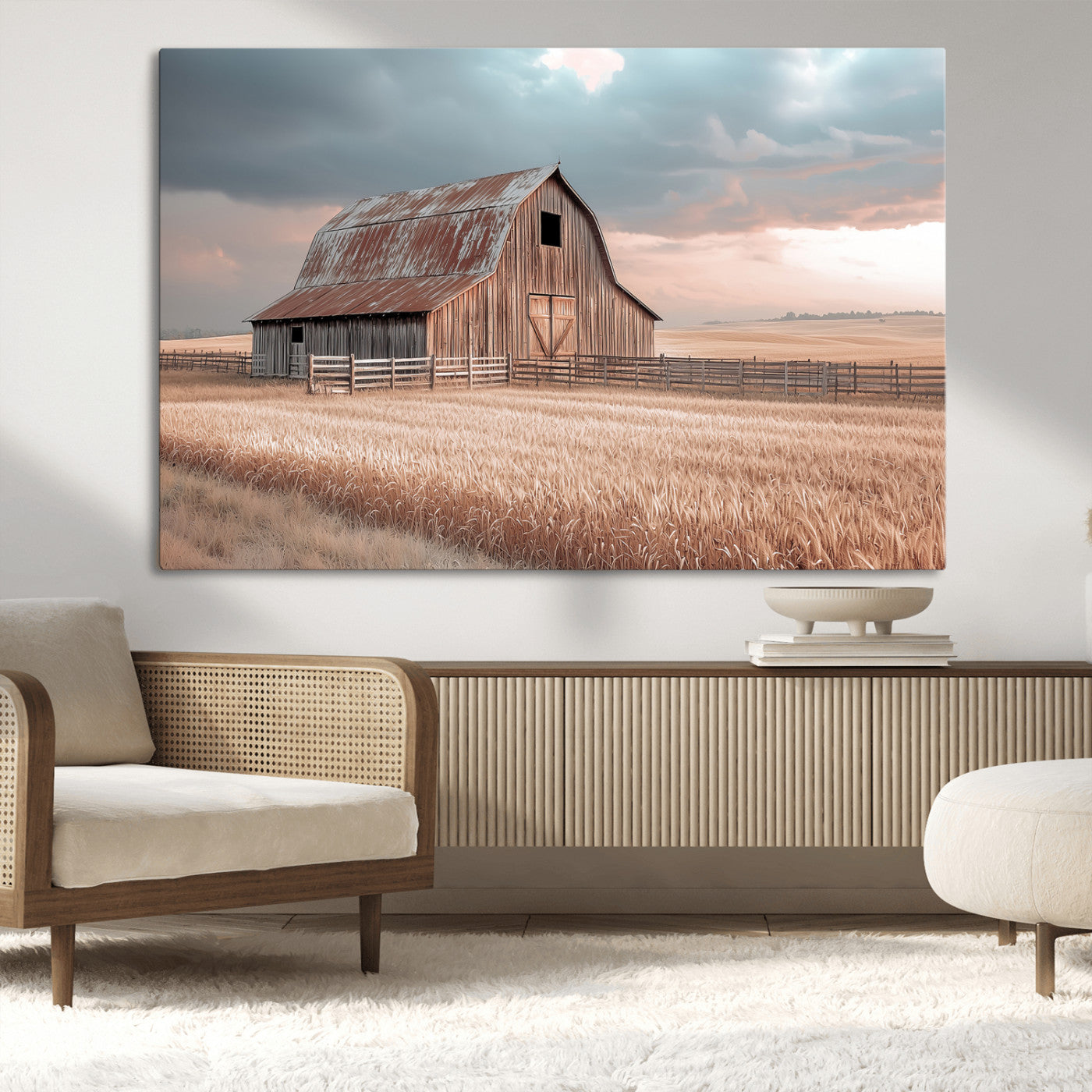 Framed canvas of a rustic barn in a golden wheat field under soft skies, ideal for vintage farmhouse or country-style wall decor.
