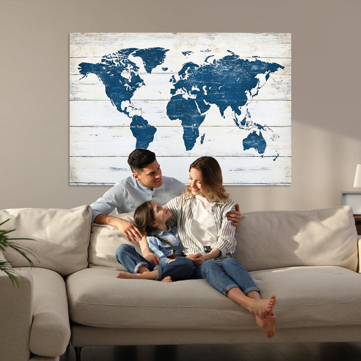 World Map Wall Art Canvas Print, Framed Rustic Atlas Art Picture Print, Wooden Map Perfect Vintage Decor Artwork