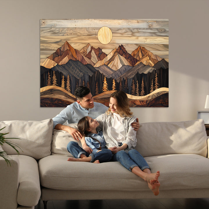 Wood Mountain Wall Art Canvas Print, Framed Boho Wood Art Print, Abstract Woodland Farmhouse Decor