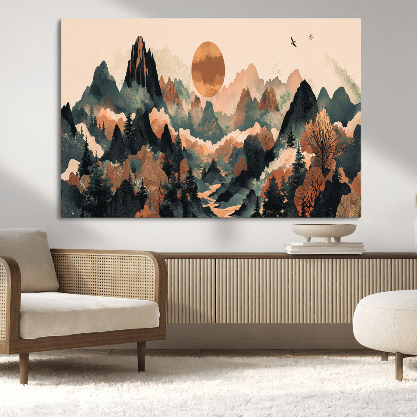 MGV-CV-36X24 - Wood Mountain Landscape Wall Art Canvas Print, Framed Sunset Hills Art Picture Print, Abstract Nature Perfect Boho Decor Artwork