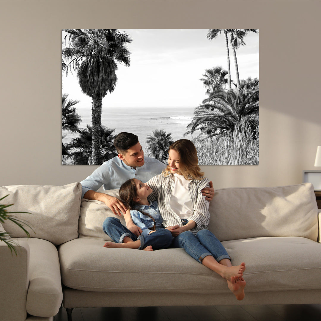 Palm Trees Wall Art Canvas Print, Framed Coastal Art Picture Print, Ocean Horizon Perfect Monochrome Coast Decor