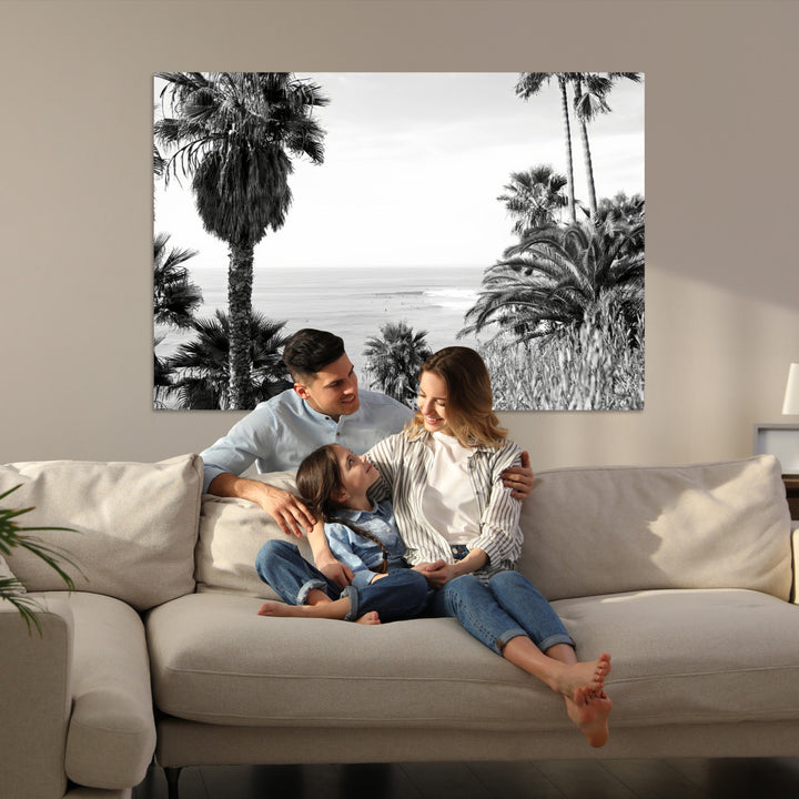 Palm Trees Wall Art Canvas Print, Framed Coastal Art Picture Print, Ocean Horizon Perfect Monochrome Coast Decor