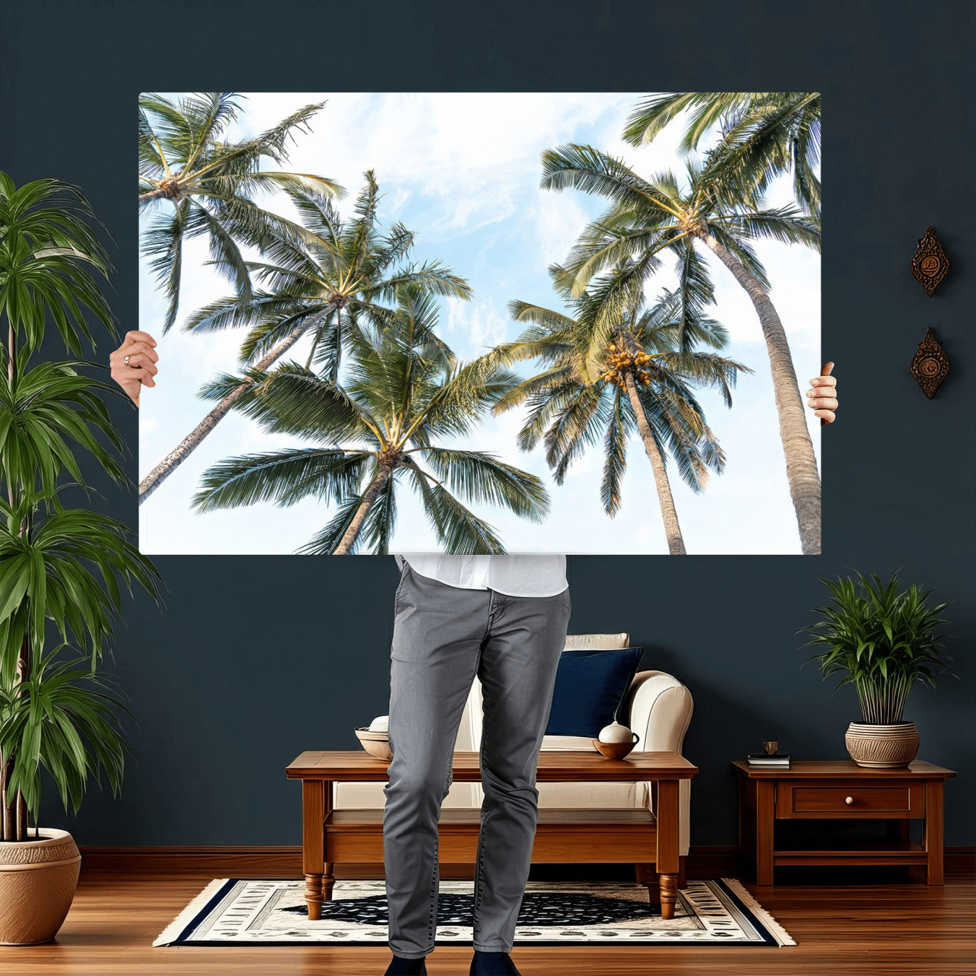 87247012-MGV-CV-36X24 - Tropical Palm Trees Wall Art – Sunlit Leaves & Blue Sky Canvas Print, Island Breeze and Vacation Vibes for Office or Home Decor