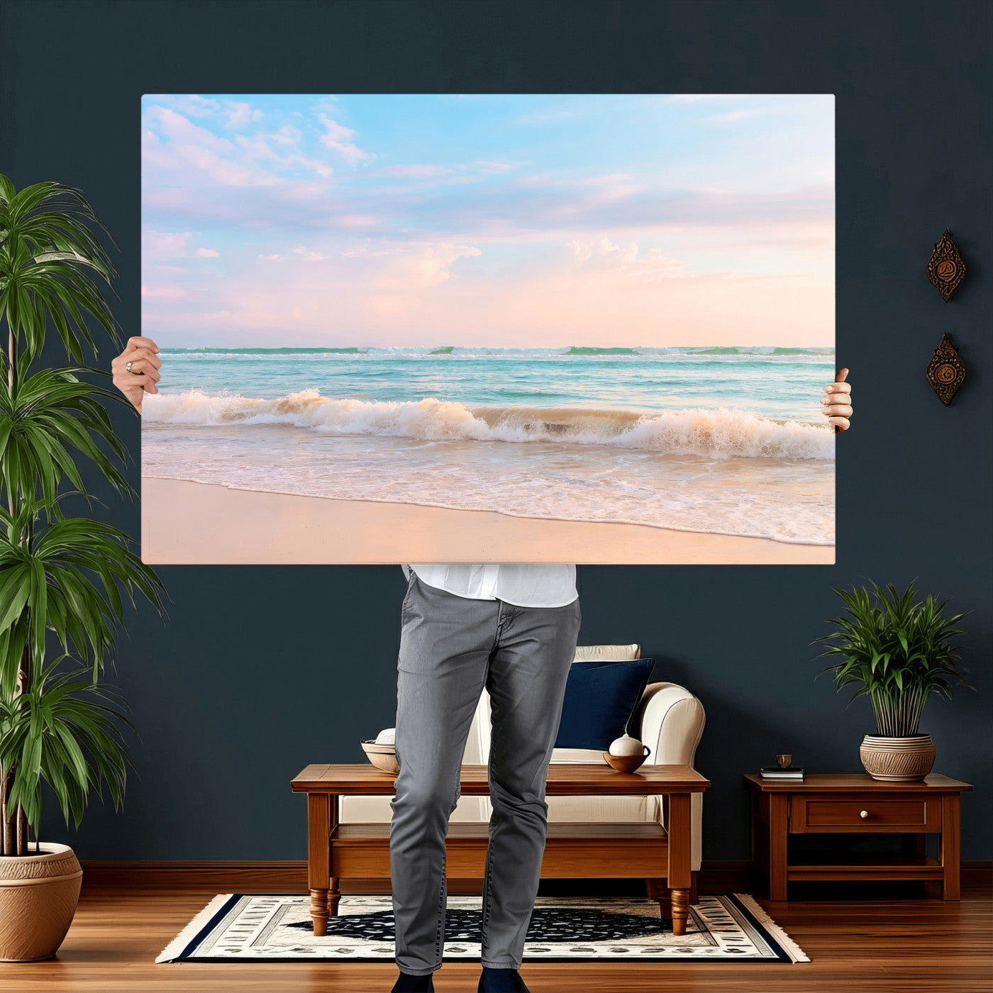 74679437-MGV-CV-36X24 - Serene Waves Wall Art – Golden Shore & Soft Pastel Sky Canvas Print, Gentle Ocean and Peaceful Sunset for Living Room or Office