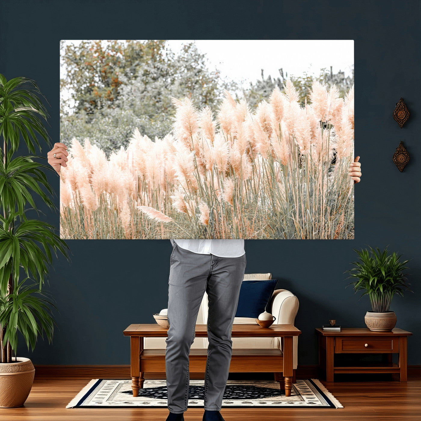 21826392-MGV-CV-36X24 - Pampas Grass Wall Art – Soft Blush Hues and Natural Texture Canvas Print, Serene Outdoors & Botanical Charm for Living Room or Nature Decor
