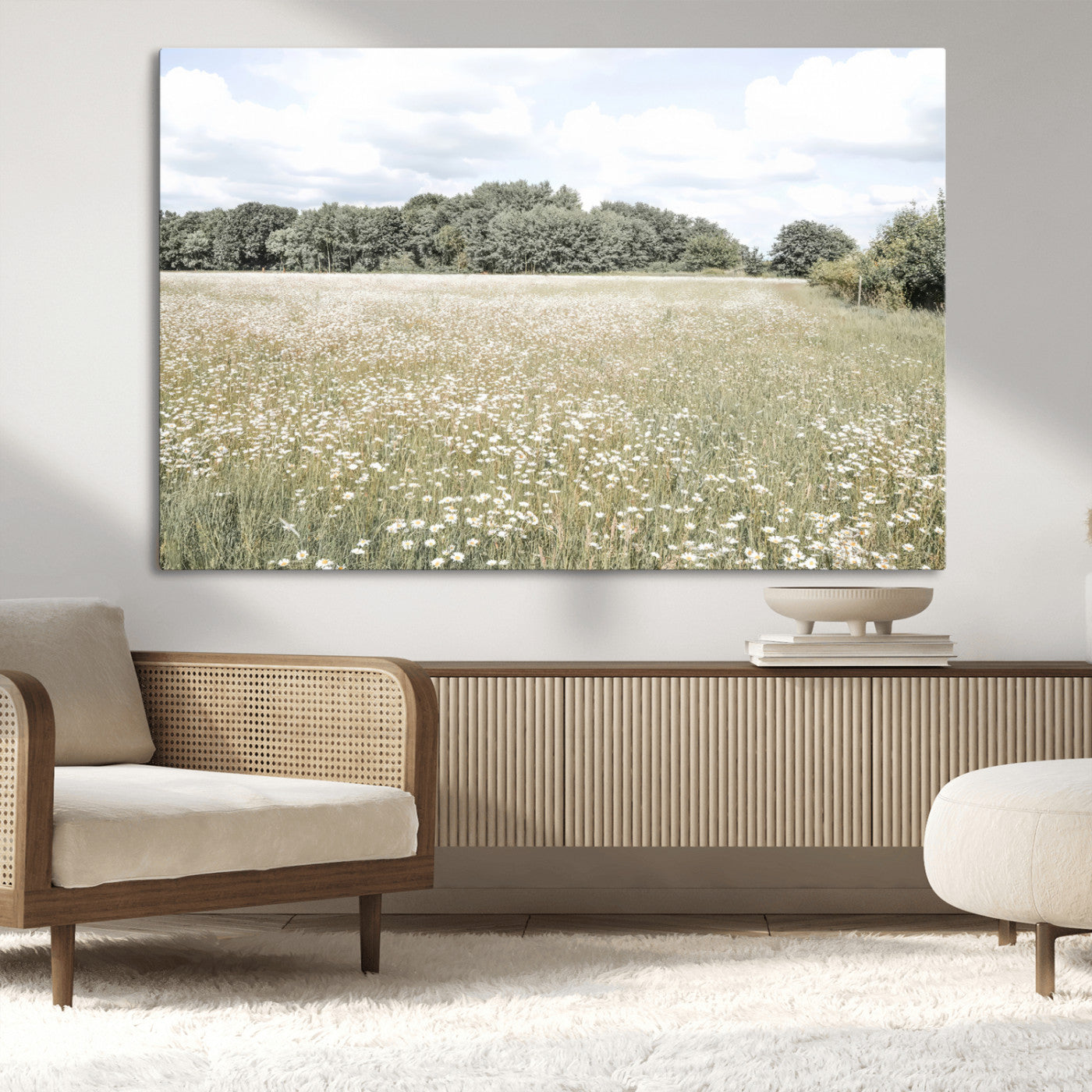 MGV-CV-36X24 - Charming Daisy Field Wall Art Canvas Print, Framed Pastel Flower Art Picture Print, Meadow Bloom Perfect Scandinavian Minimalist Decor Artwork