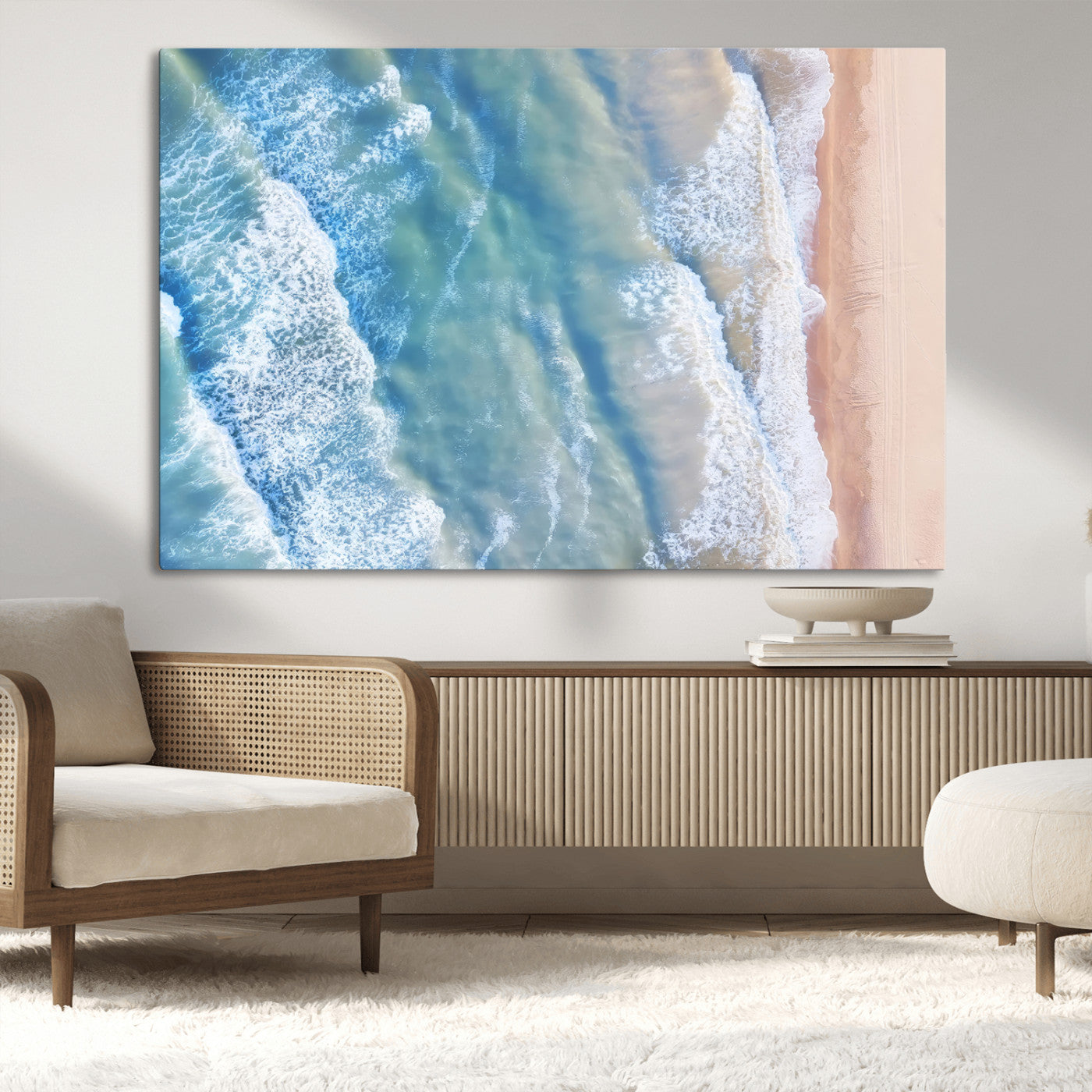 MGV-CV-36X24 - Aerial Ocean View Wall Art Canvas Print, Framed Soft Blue Waves Art Picture Print, Sandy Shoreline Perfect Modern Coastal Decor Artwork
