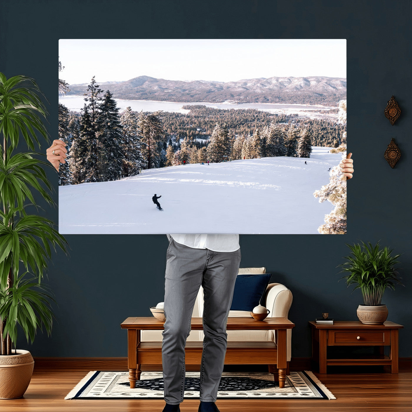 79857868-MGV-CV-36X24 - Snowboarder Wall Art – Winter Slope Canvas Print, Pine Forest, Snow-Covered Mountains, Outdoor Adventure for Living Room or Cabin Decor