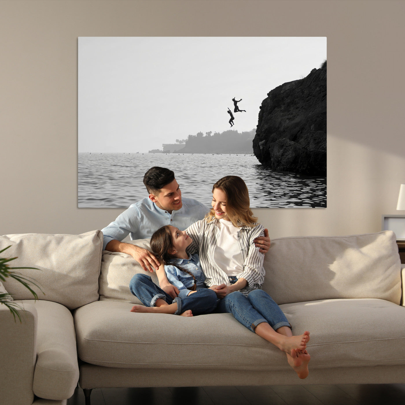 52284302-MGV-CV-36X24-Jumping Wall Art Canvas Print, Framed Ocean Art Picture Print, Coastal Perfect Coastal Decor, Framed Cliff Diving Wall Art