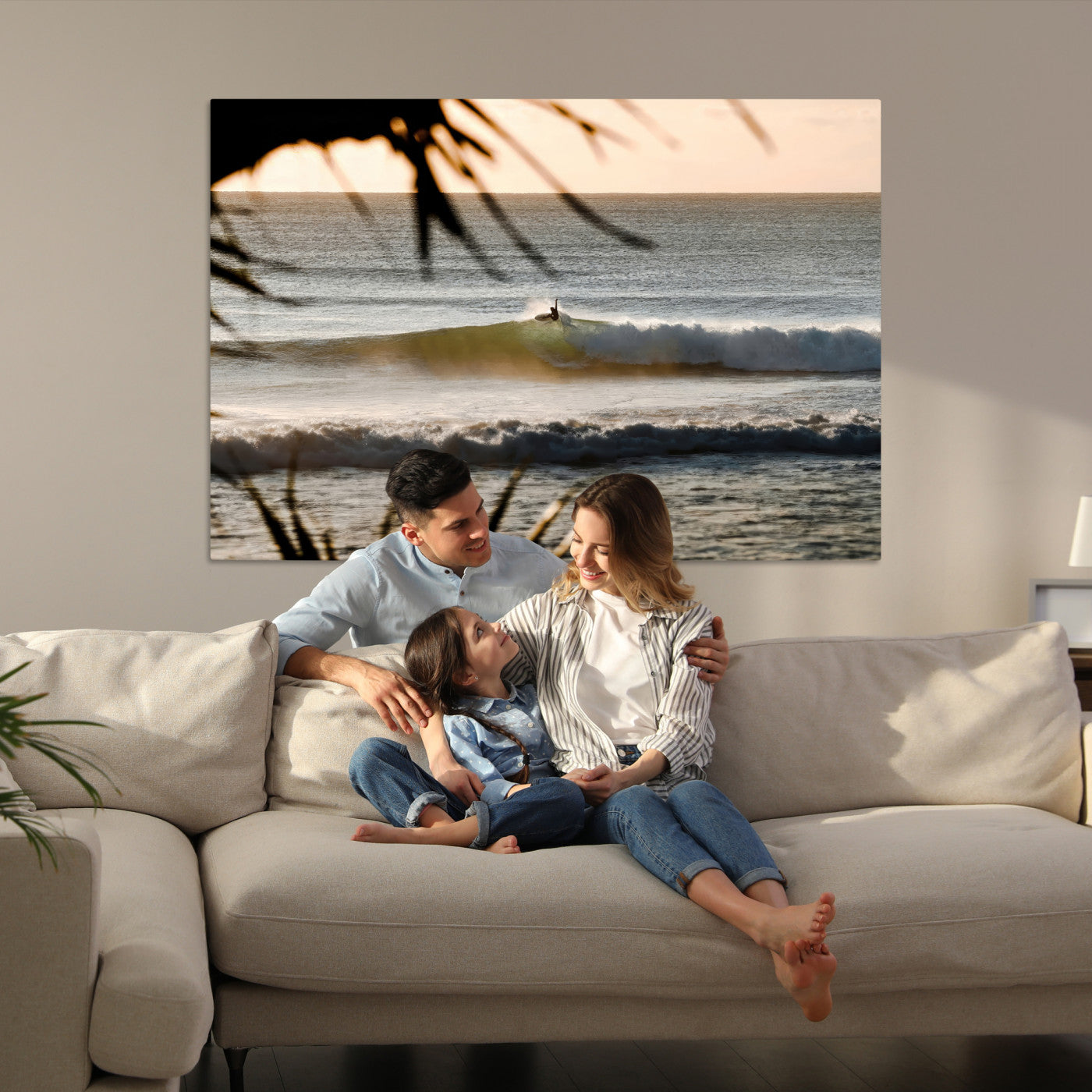 Sunset Surf Wall Art Canvas Print, Framed Golden Hour Art Picture Print, Waves Perfect Boho Decor, Framed Sunset Surf Canvas
