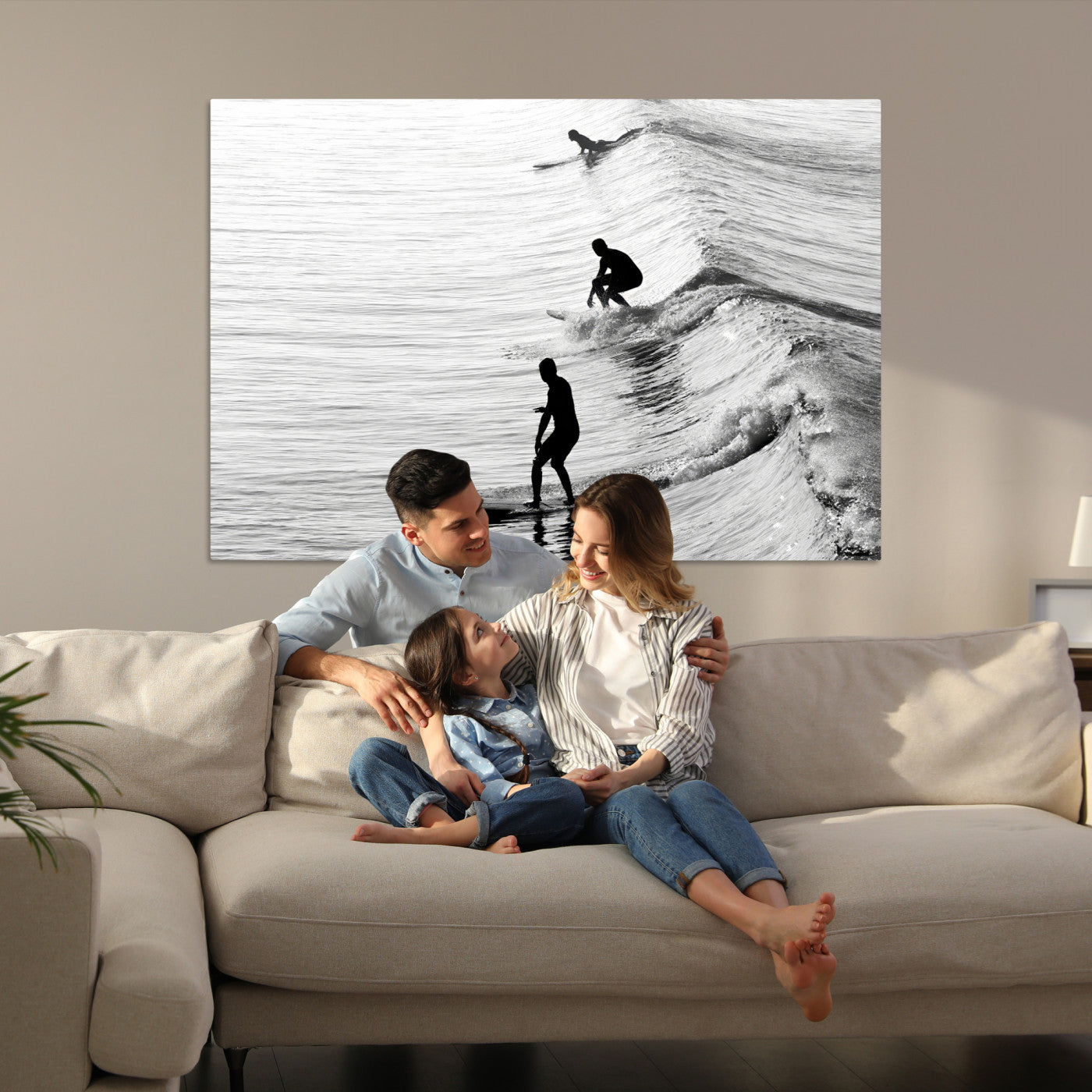 19875284-MGV-CV-36X24-Surfers on Waves Wall Art Canvas Print, Framed Black White Surf Art Picture Print, Monochrome Ocean Perfect Modern Coastal Decor, Surfers on
