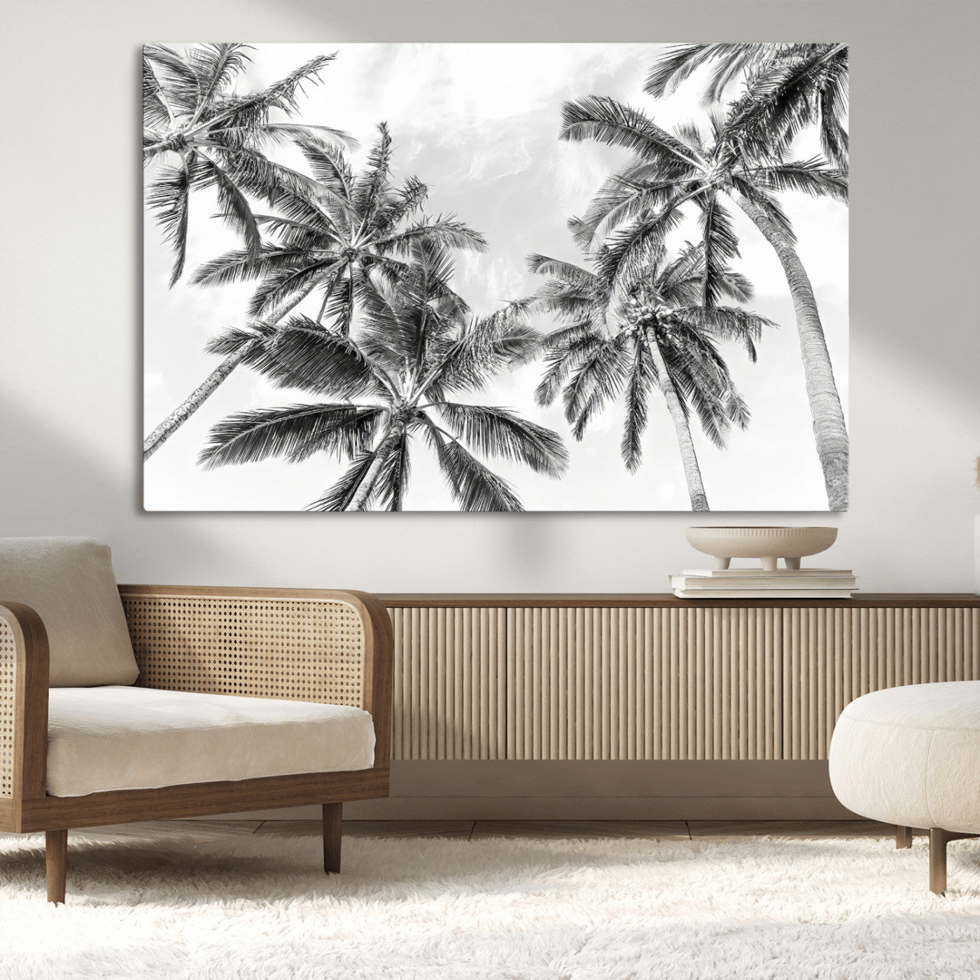 MGV-CV-36X24 - Black White Palm Wall Art Canvas Print, Framed Monochrome Tropics Art Picture Print, Minimalist Beach Perfect Coastal Minimalist Decor Artwork