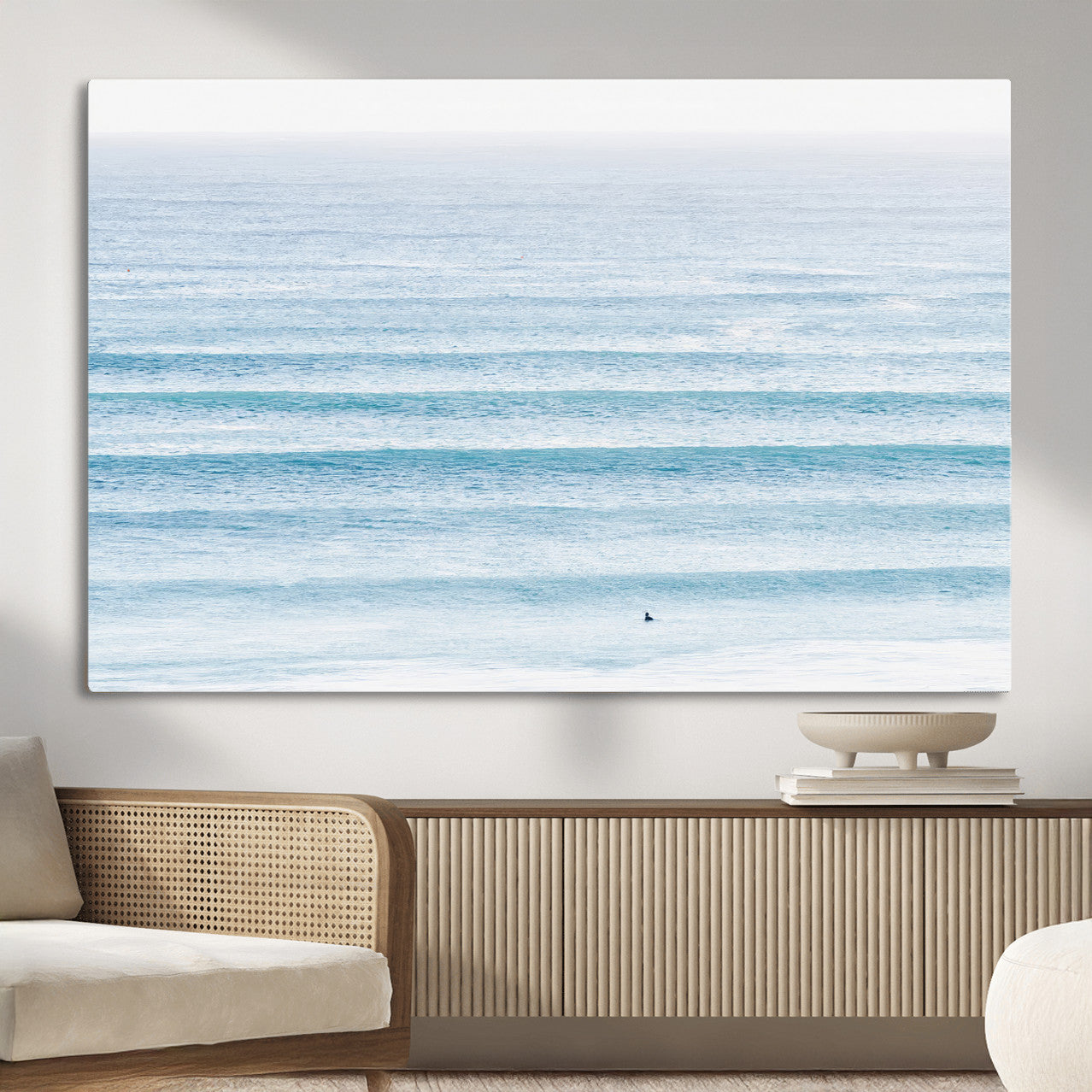 77145995-MGV-CV-36X24-Ocean Wave Surfer Wall Art – Framed Minimal Seascape Canvas Artwork, Calm Blue Water Design, Coastal Decor for Home, Office