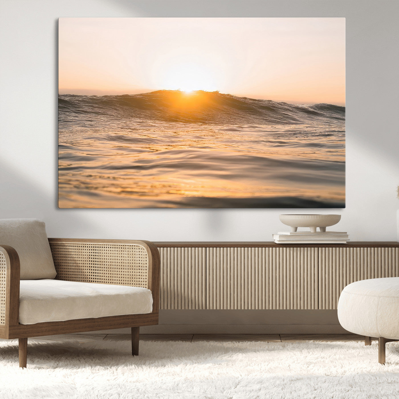 MGV-CV-36X24 - Calm Water Wall Art Canvas Print, Framed Sunset Waves Art Picture Print, Coastal Warmth Perfect Warm Minimalist Decor Artwork
