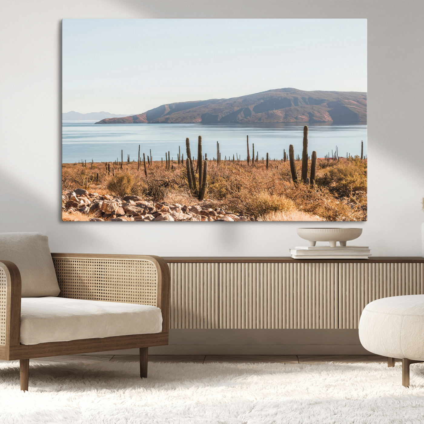 MGV-CV-36X24 - Desert Cactus Wall Art Canvas Print, Framed Baja Coastline Art Picture Print, Coastal Desert Perfect Southwestern Minimalist Decor Artwork