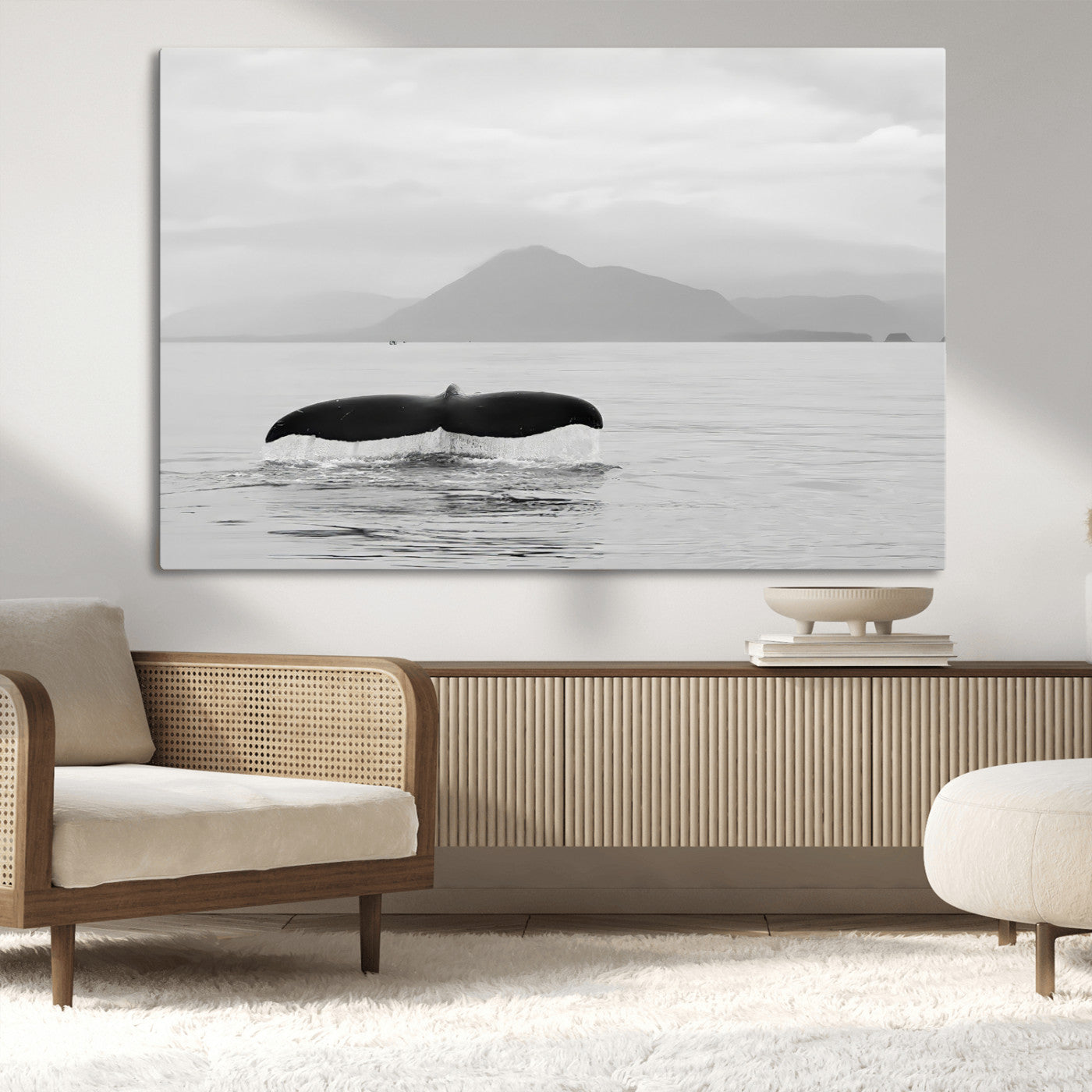 MGV-CV-36X24 - Whale Tail Wall Art Canvas Print, Framed Black White Ocean Art Picture Print, Calm Marine Perfect Minimalist Coastal Decor Artwork