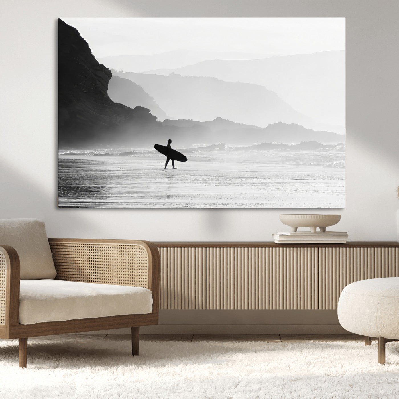 MGV-CV-36X24 - Surfer In Fog Wall Art Canvas Print, Framed Moody Shoreline Art Picture Print, Cliffside Waves Perfect Minimalist Coastal Decor Artwork
