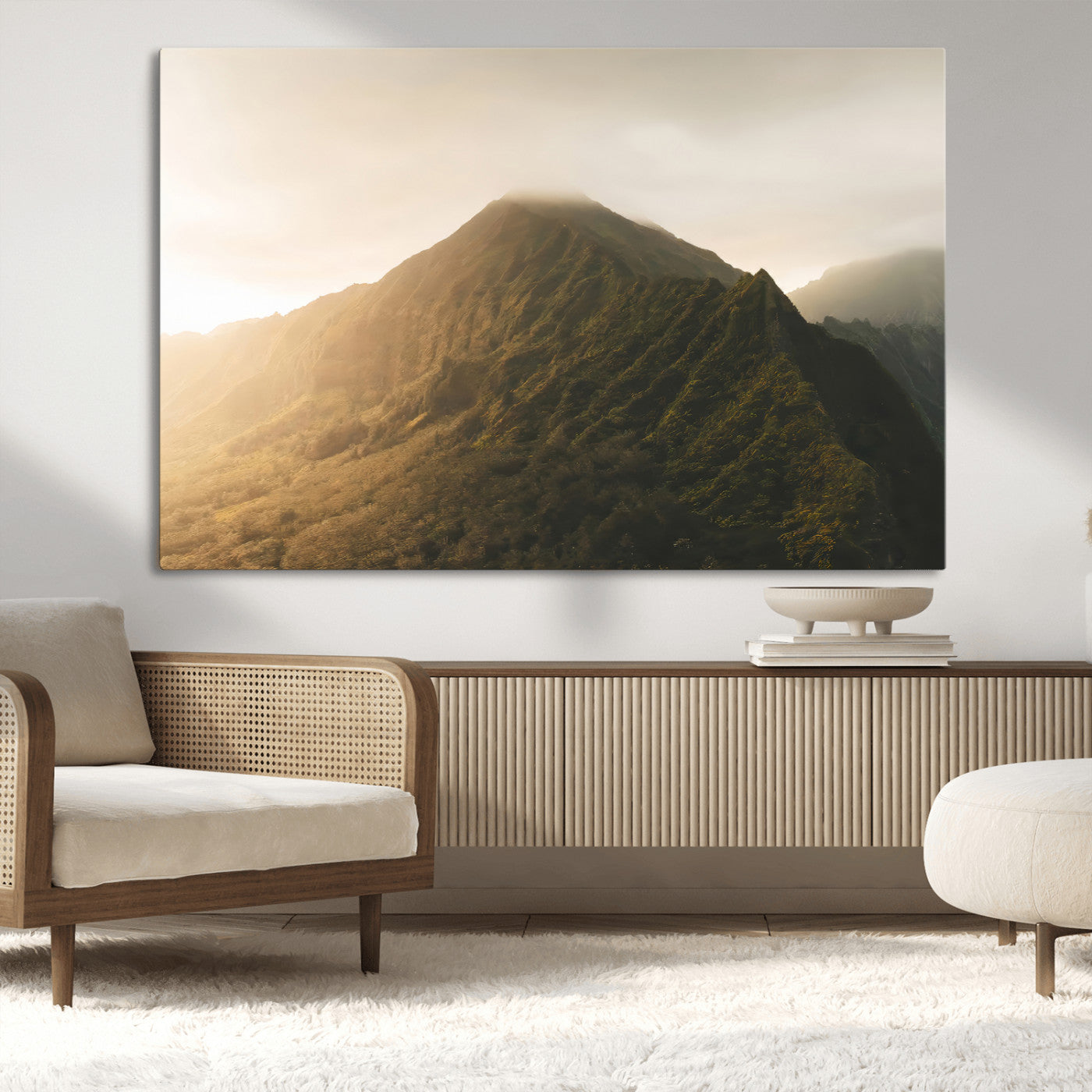 MGV-CV-36X24 - Golden Mountain Wall Art Canvas Print, Framed Misty Summit Art Picture Print, Rugged Landscape Perfect Moody Wilderness Decor Artwork