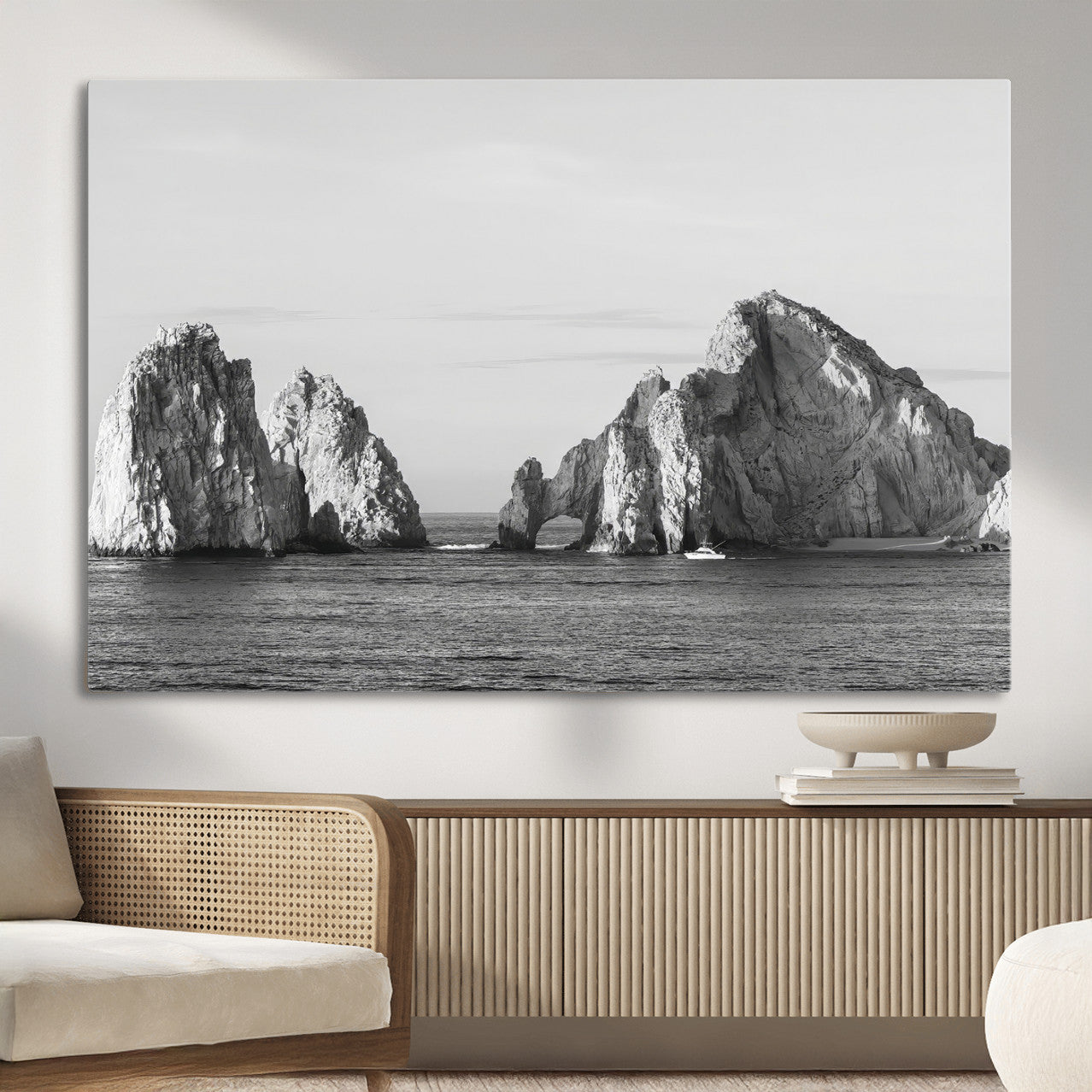MGV-CV-36X24 - Rugged Coastline Wall Art Canvas Print, Framed Ocean Cliffs Art Picture Print, Monochrome Seascape Perfect Coastal Minimalist Decor Artwork