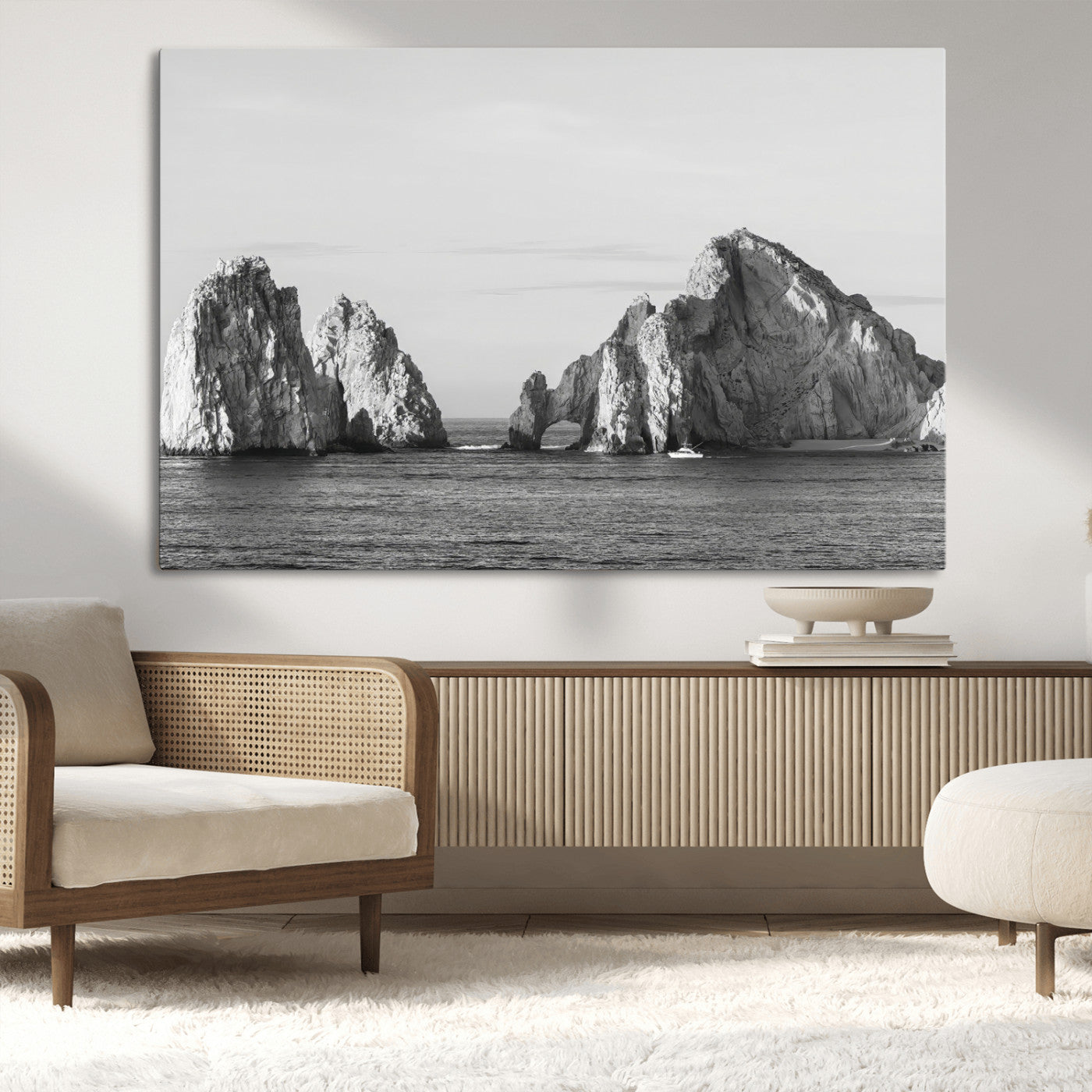 MGV-CV-36X24 - Rugged Coastline Wall Art Canvas Print, Framed Ocean Cliffs Art Picture Print, Monochrome Seascape Perfect Coastal Minimalist Decor Artwork