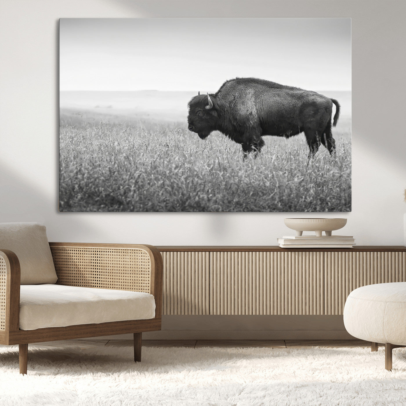 A black and white photograph of a majestic bison standing in a vast grassy prairie, evoking a sense of wilderness and strength.
