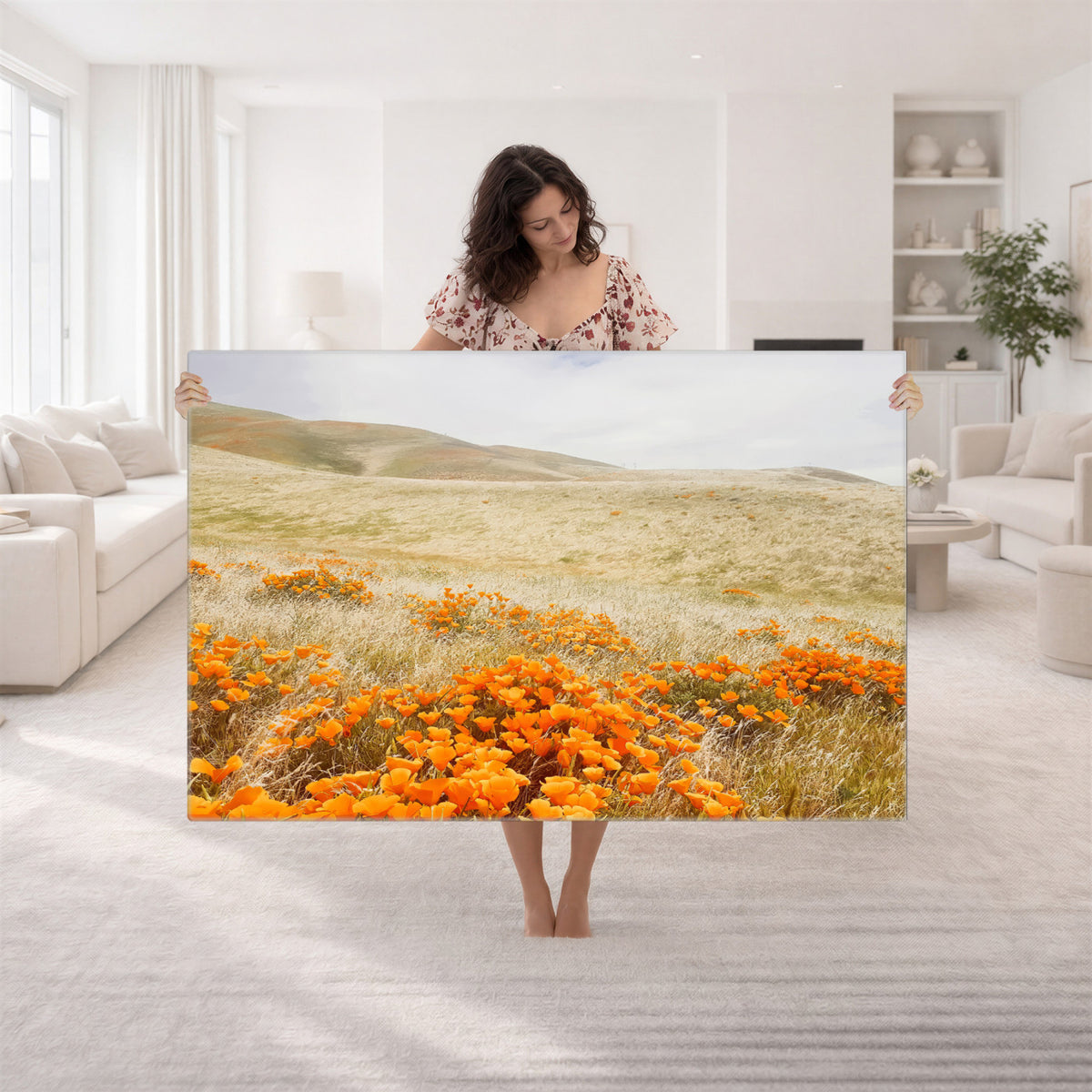 28972262-_Poster-30x20 - Golden Wildflowers Wall Art Canvas Print, Framed Hills and Poppy Meadow Scene
