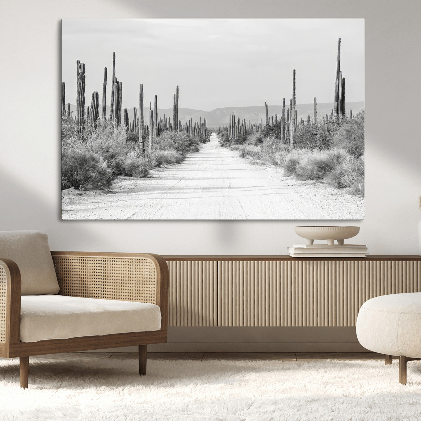 A black and white desert road stretching through a cactus-filled landscape, creating a rugged and timeless southwestern aesthetic with a sense of adventure.